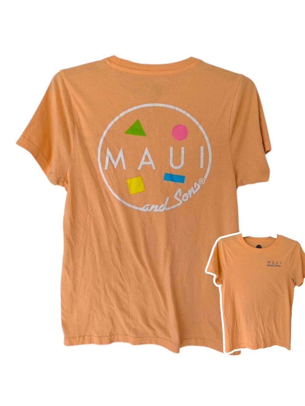 Maui and Sons T-Shirt Mens Small Peach Retro Graphic Logo Surf Tee 19x26.5